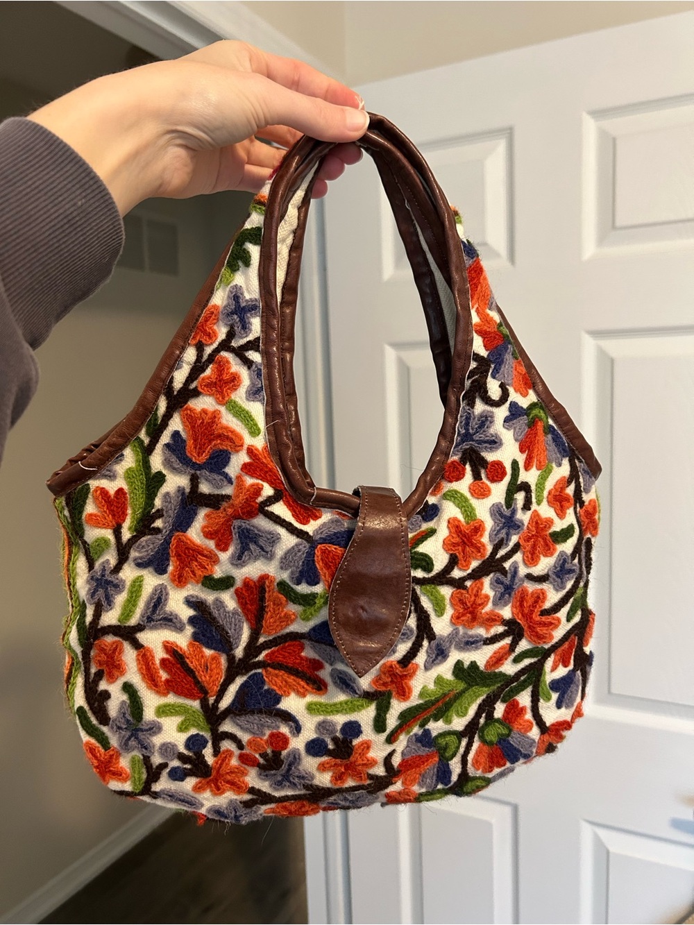 Embroidered Floral Shoulder Bag with Brown Trim Made in Nepal